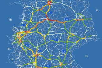 
Map of the German road network subject to toll, the colour of the route sections shows the number of toll collections per hour on 23 June 2023