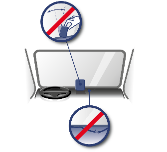 
Instruction graphic: Position of the DSRC module in the windscreen: to the right of the steering wheel, down, upright, vertical, without kinked cable.