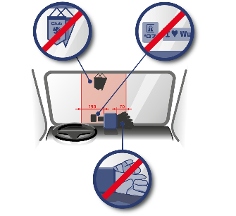 
Instruktážní grafika: Označení oblasti čelního skla nákladního vozidla, kde nejsou povoleny žádné předměty, jako jsou samolepky, transparenty, mapy, před nebo nad modulem DSRC.